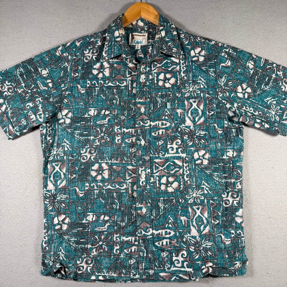 Kahala Mens Vintage Hawaiian Shirt Teal Tribal Floral Geometric Made in Hawaii M